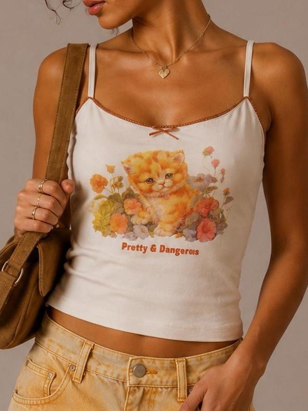 Urban Outfitters Cream Tank Top with Orange Kitten Graphic